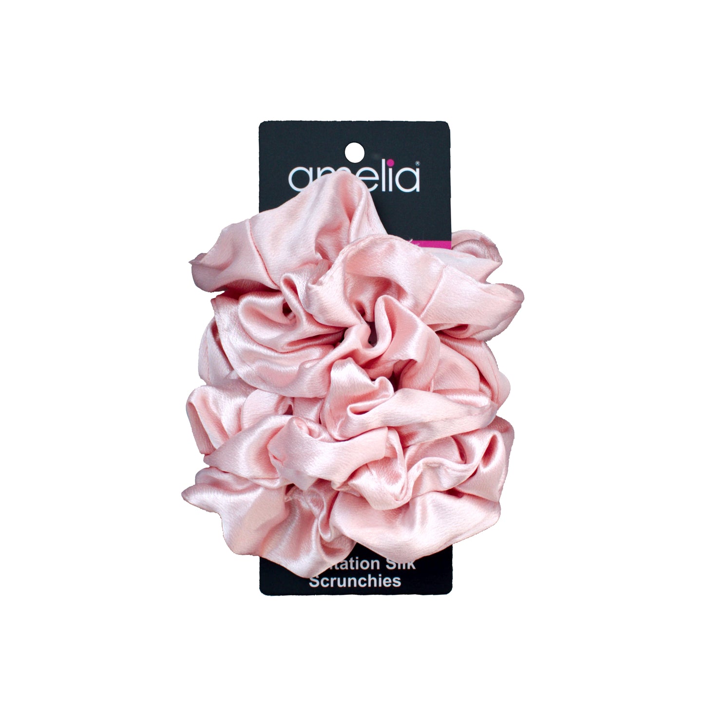 Amelia Beauty, Pastel Pink Imitation Silk Scrunchies, 4.5in Diameter, Gentle on Hair, Strong Hold, No Snag, No Dents or Creases. 6 Pack