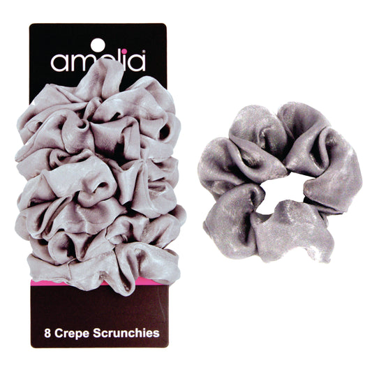 Amelia Beauty | 3in Grey Crepe Scrunchies | Soft, Gentle and Strong Hold | No Snag, No Dents or Creases | 8 Pack
