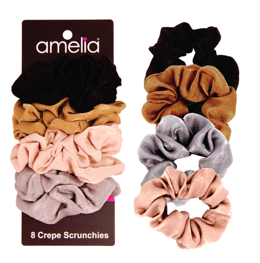 Amelia Beauty | 3in Neutral Colors Crepe Scrunchies | Soft, Gentle and Strong Hold | No Snag, No Dents or Creases | 8 Pack
