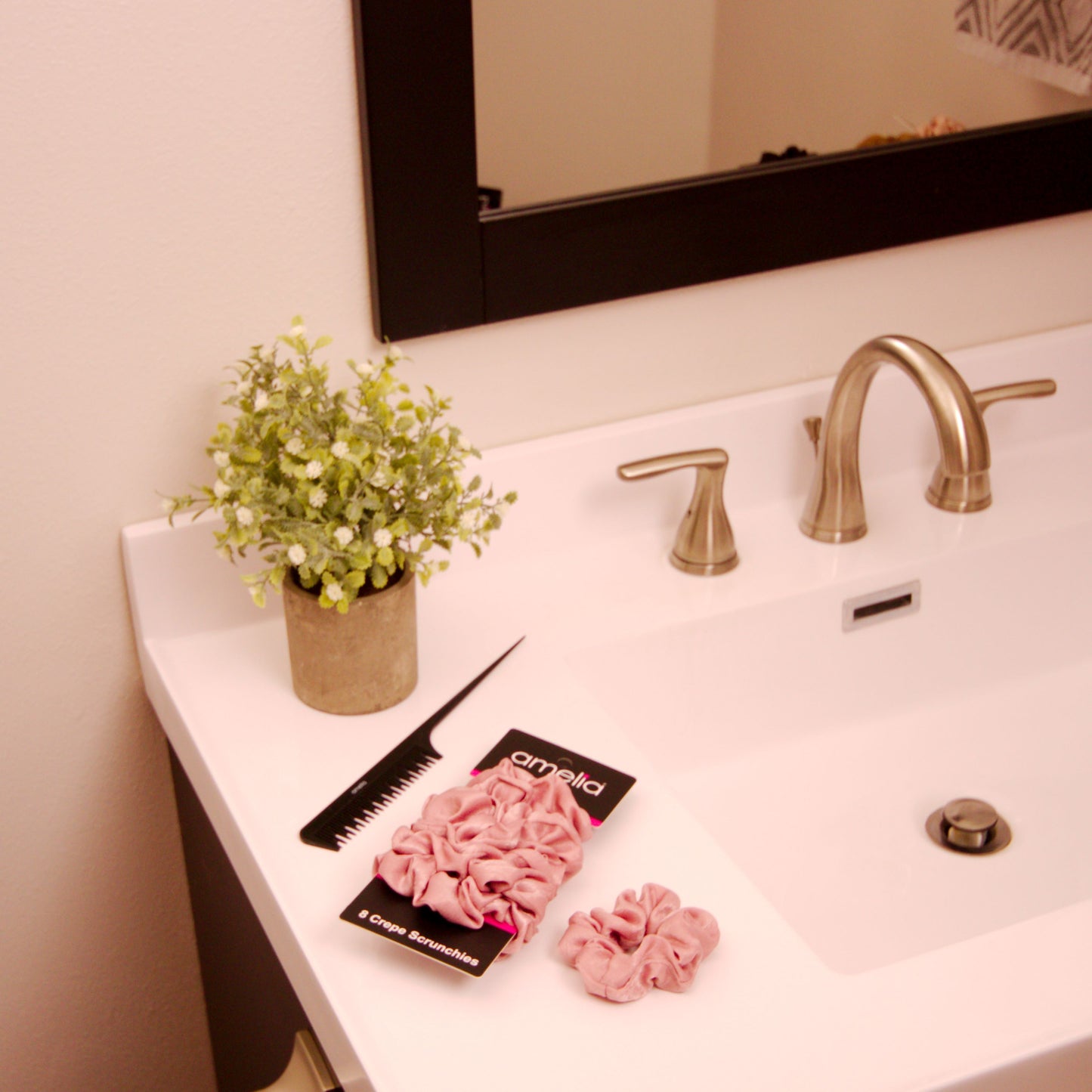 Amelia Beauty | 3in Pink Crepe Scrunchies | Soft, Gentle and Strong Hold | No Snag, No Dents or Creases | 8 Pack