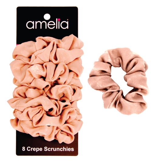 Amelia Beauty | 3in Tan Crepe Scrunchies | Soft, Gentle and Strong Hold | No Snag, No Dents or Creases | 8 Pack