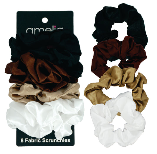 Amelia Beauty Products,  Earth Blend Satin Scrunchies, 3.5in Diameter, Gentle on Hair, Strong Hold, No Snag, No Dents or Creases. 8 Pack