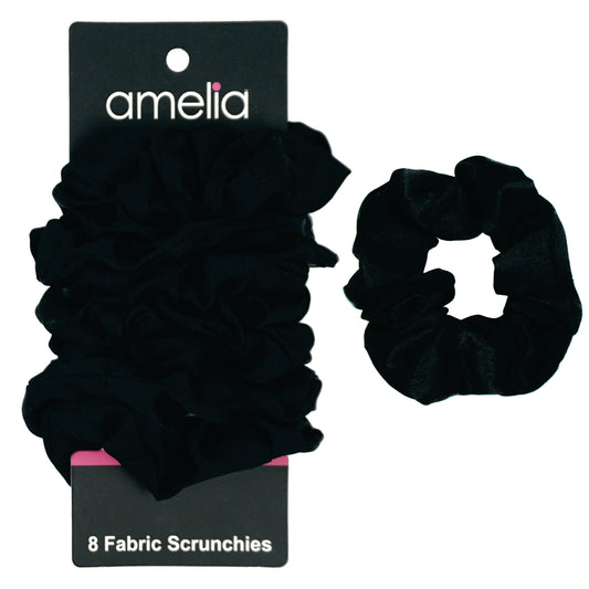 Amelia Beauty Products, Black Satin Scrunchies, 3.5in Diameter, Gentle on Hair, Strong Hold, No Snag, No Dents or Creases. 8 Pack