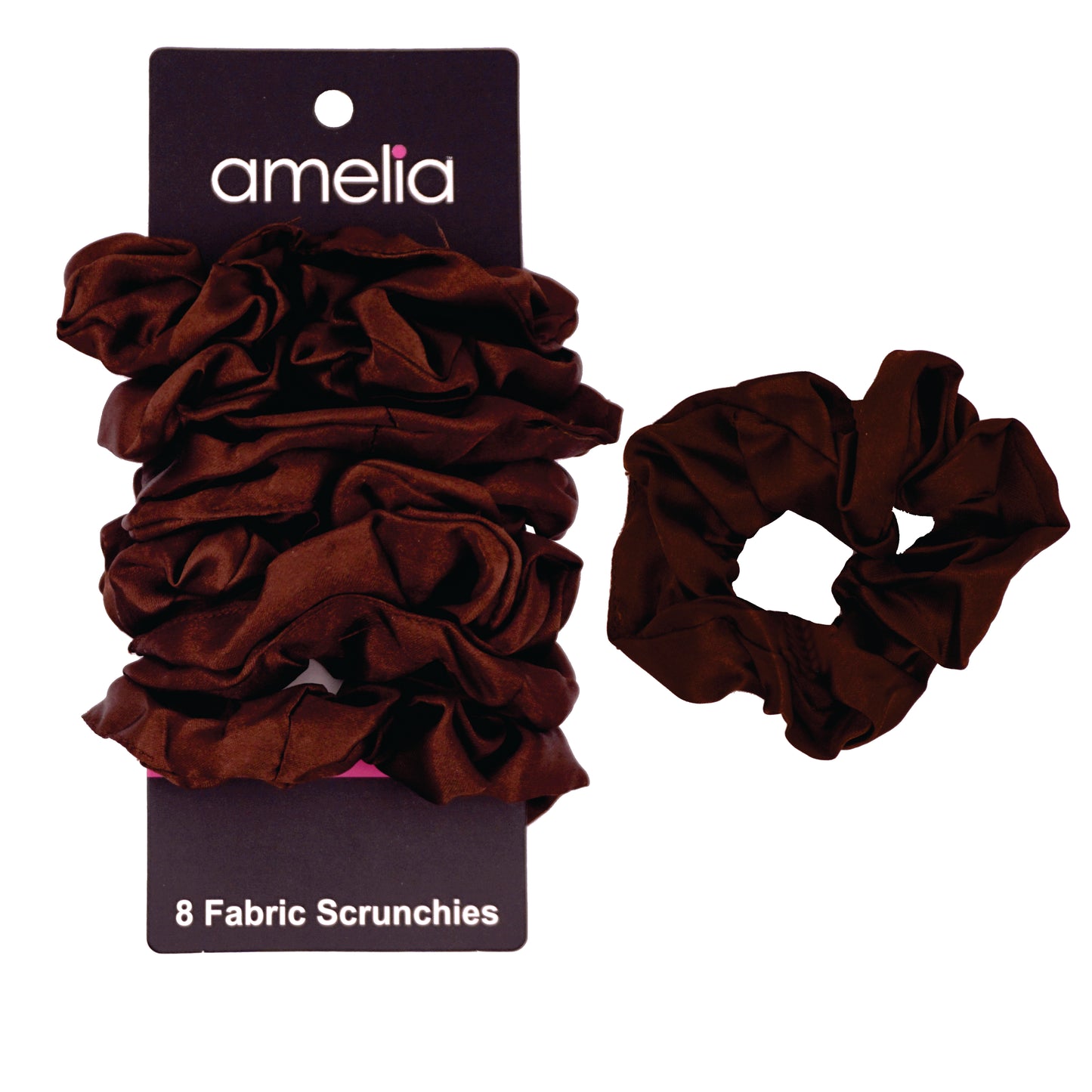 Amelia Beauty Products, Brown Satin Scrunchies, 3.5in Diameter, Gentle on Hair, Strong Hold, No Snag, No Dents or Creases. 8 Pack