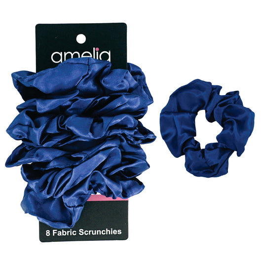 Amelia Beauty Products, Blue Satin Scrunchies, 3.5in Diameter, Gentle on Hair, Strong Hold, No Snag, No Dents or Creases. 8 Pack