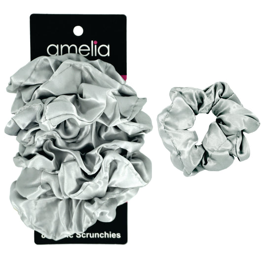 Amelia Beauty Products, Gray Satin Scrunchies, 3.5in Diameter, Gentle on Hair, Strong Hold, No Snag, No Dents or Creases. 8 Pack