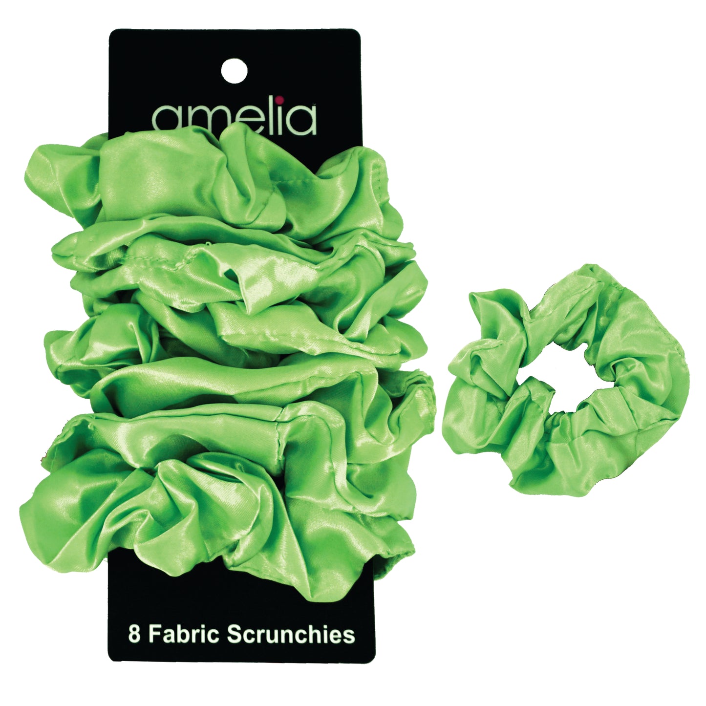 Amelia Beauty Products, Lime Satin Scrunchies, 3.5in Diameter, Gentle on Hair, Strong Hold, No Snag, No Dents or Creases. 8 Pack