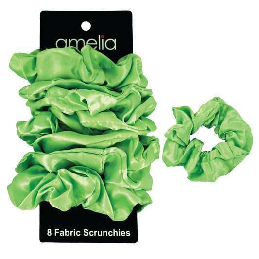 Amelia Beauty Products, Lime Satin Scrunchies, 3.5in Diameter, Gentle on Hair, Strong Hold, No Snag, No Dents or Creases. 8 Pack