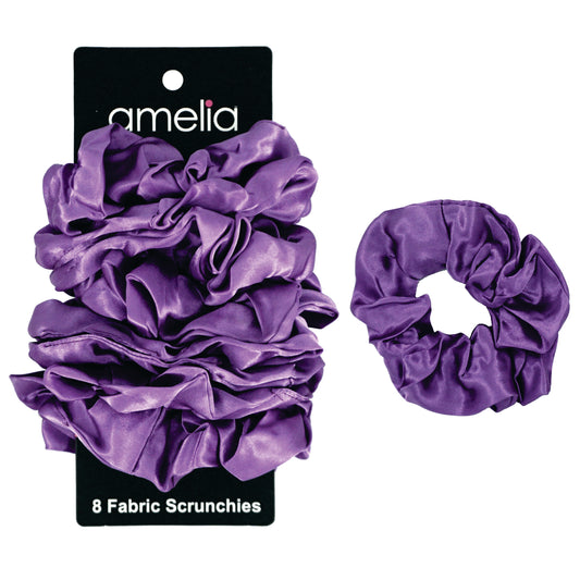 Amelia Beauty Products, Purple Satin Scrunchies, 3.5in Diameter, Gentle on Hair, Strong Hold, No Snag, No Dents or Creases. 8 Pack