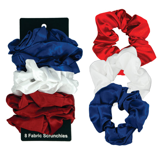 Amelia Beauty Products, Red, White and Blue Satin Scrunchies, 3.5in Diameter, Gentle on Hair, Strong Hold, No Snag, No Dents or Creases. 8 Pack