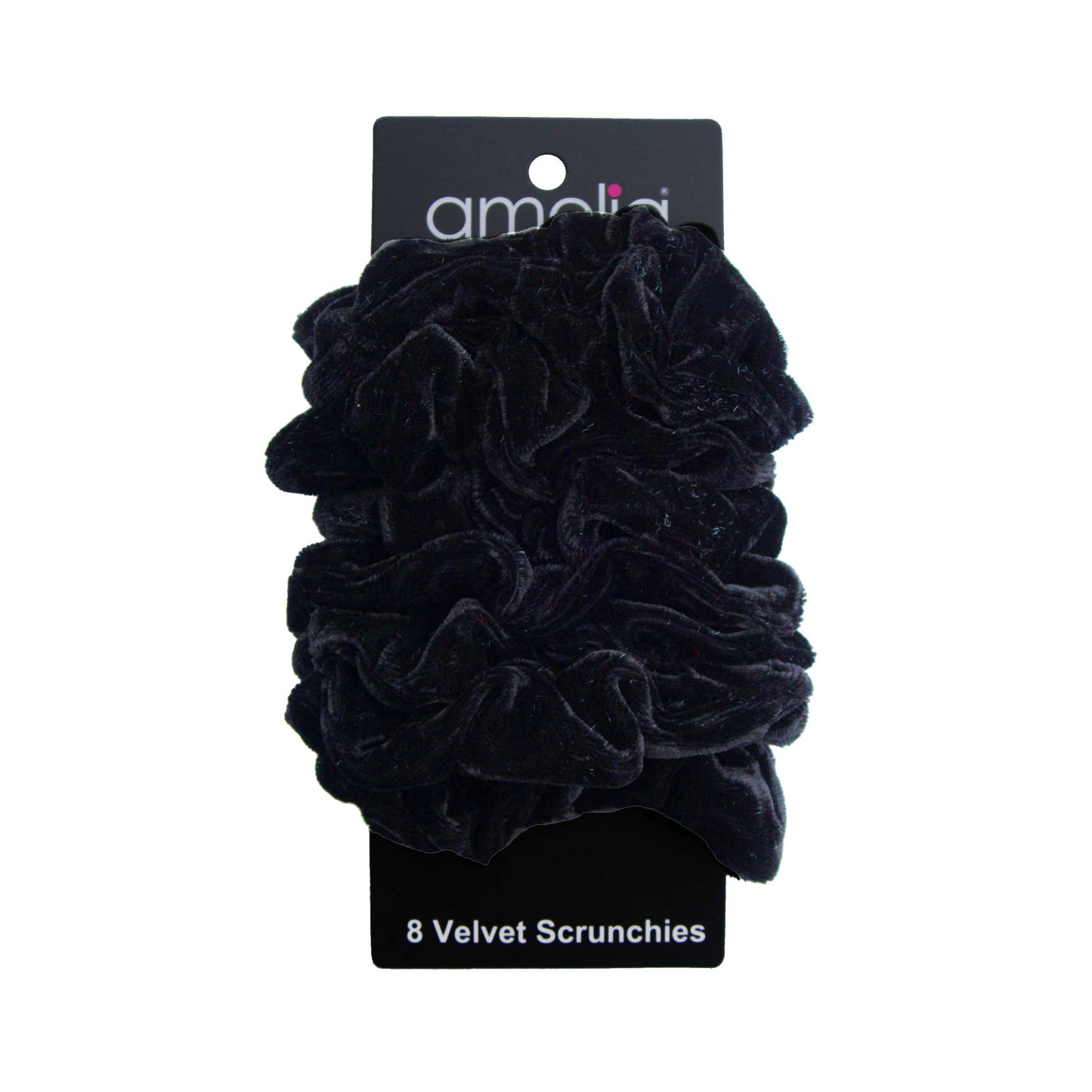 Amelia Beauty, Black Velvet Scrunchies, 3.5in Diameter, Gentle on Hair, Strong Hold, No Snag, No Dents or Creases. 8 Pack