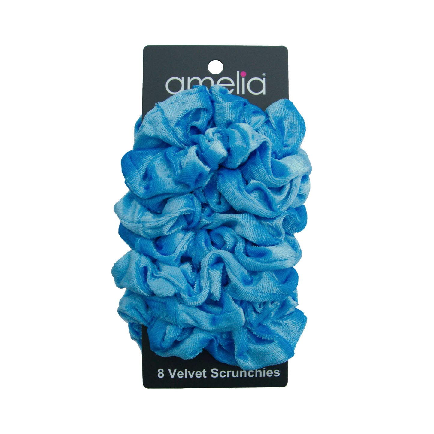 Amelia Beauty, Sky Blue Velvet Scrunchies, 3.5in Diameter, Gentle on Hair, Strong Hold, No Snag, No Dents or Creases. 8 Pack