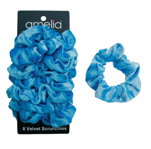 Amelia Beauty, Sky Blue Velvet Scrunchies, 3.5in Diameter, Gentle on Hair, Strong Hold, No Snag, No Dents or Creases. 8 Pack