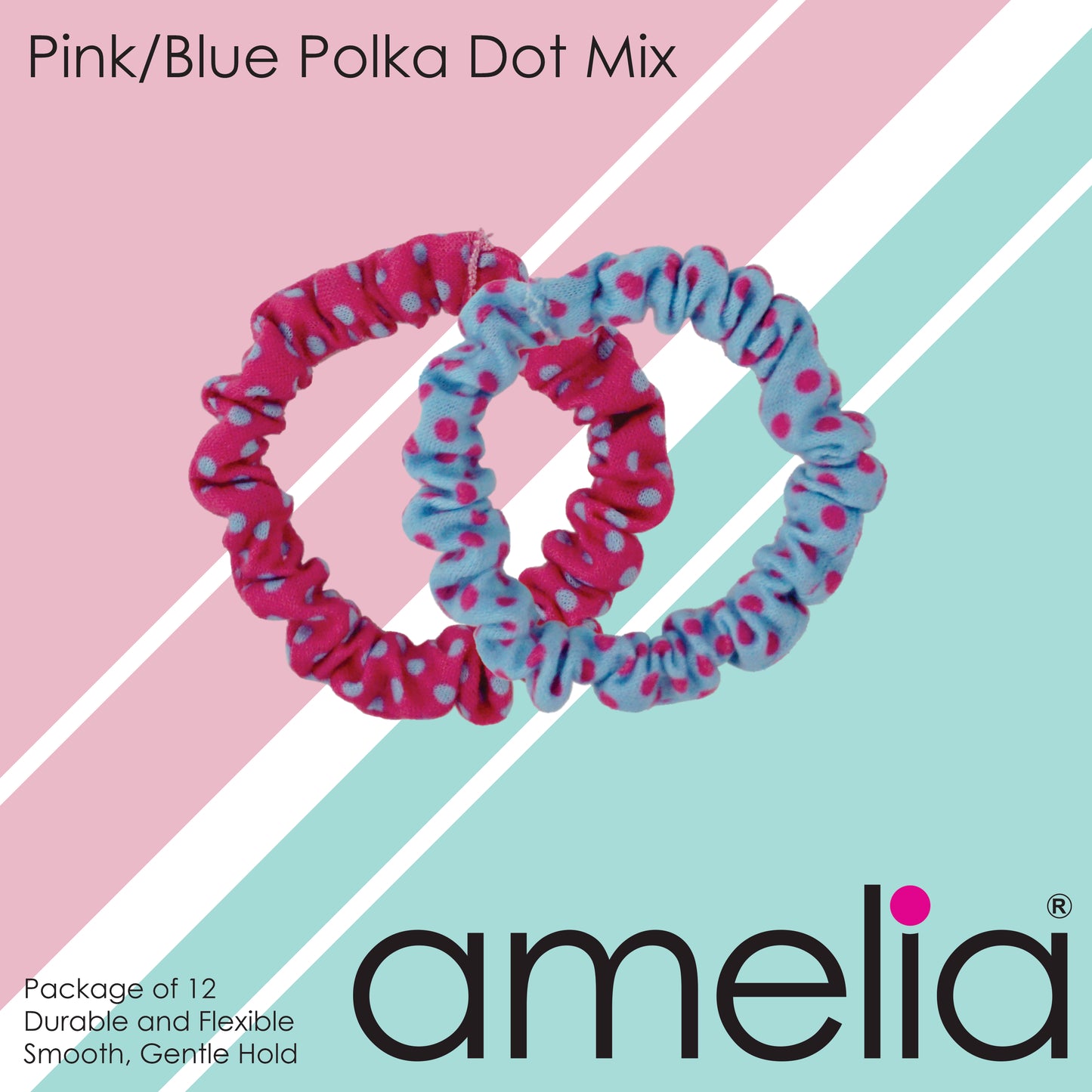 Amelia Beauty, Pink and Blue Polka Dot Mix Jersey Scrunchies, 2.25in Diameter, Gentle on Hair, Strong Hold, No Snag, No Dents or Creases. 12 Pack