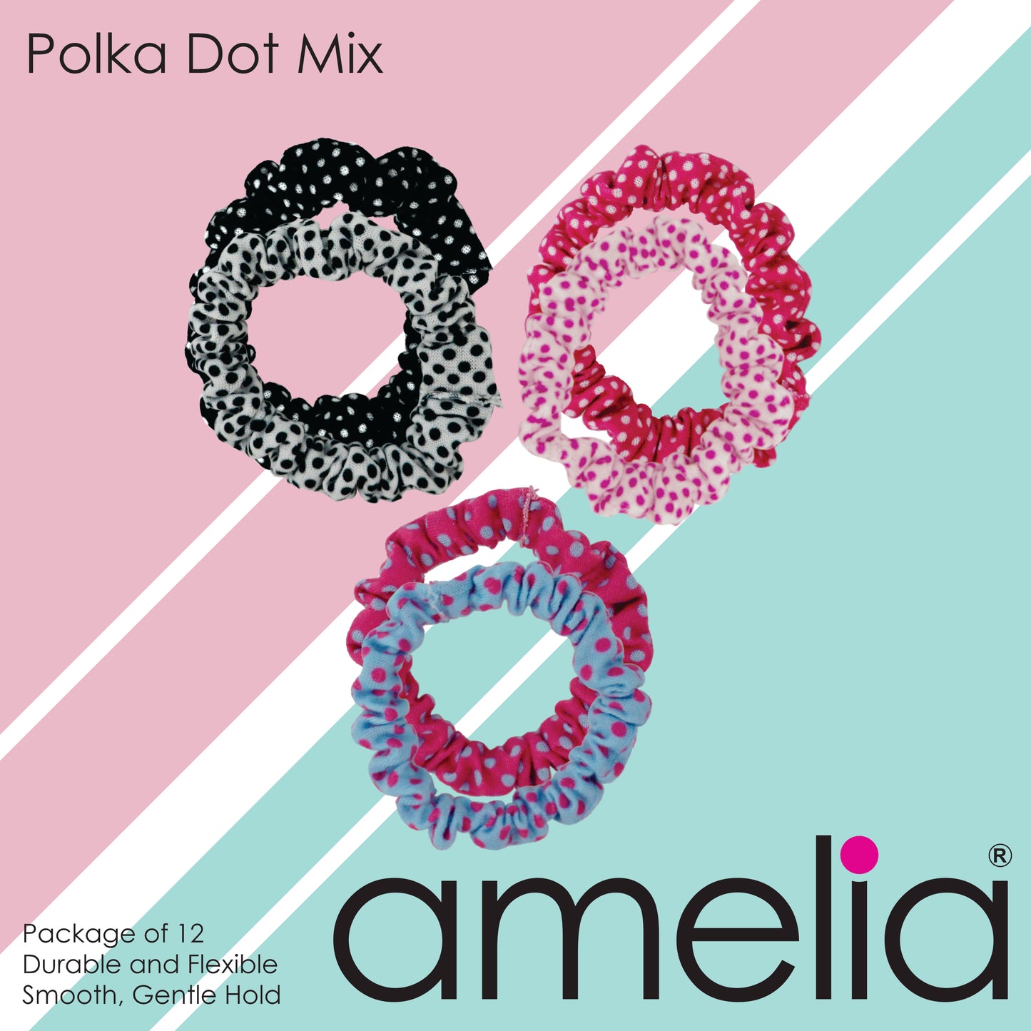Amelia Beauty, Polka Dot Mix Jersey Scrunchies, 2.25in Diameter, Gentle on Hair, Strong Hold, No Snag, No Dents or Creases. 12 Pack