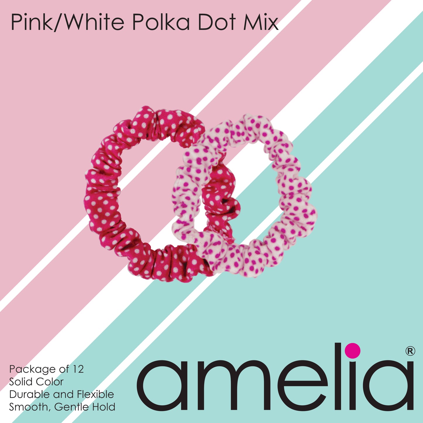 Amelia Beauty, Pink and White Polka Dot Mix Jersey Scrunchies, 2.25in Diameter, Gentle on Hair, Strong Hold, No Snag, No Dents or Creases. 12 Pack