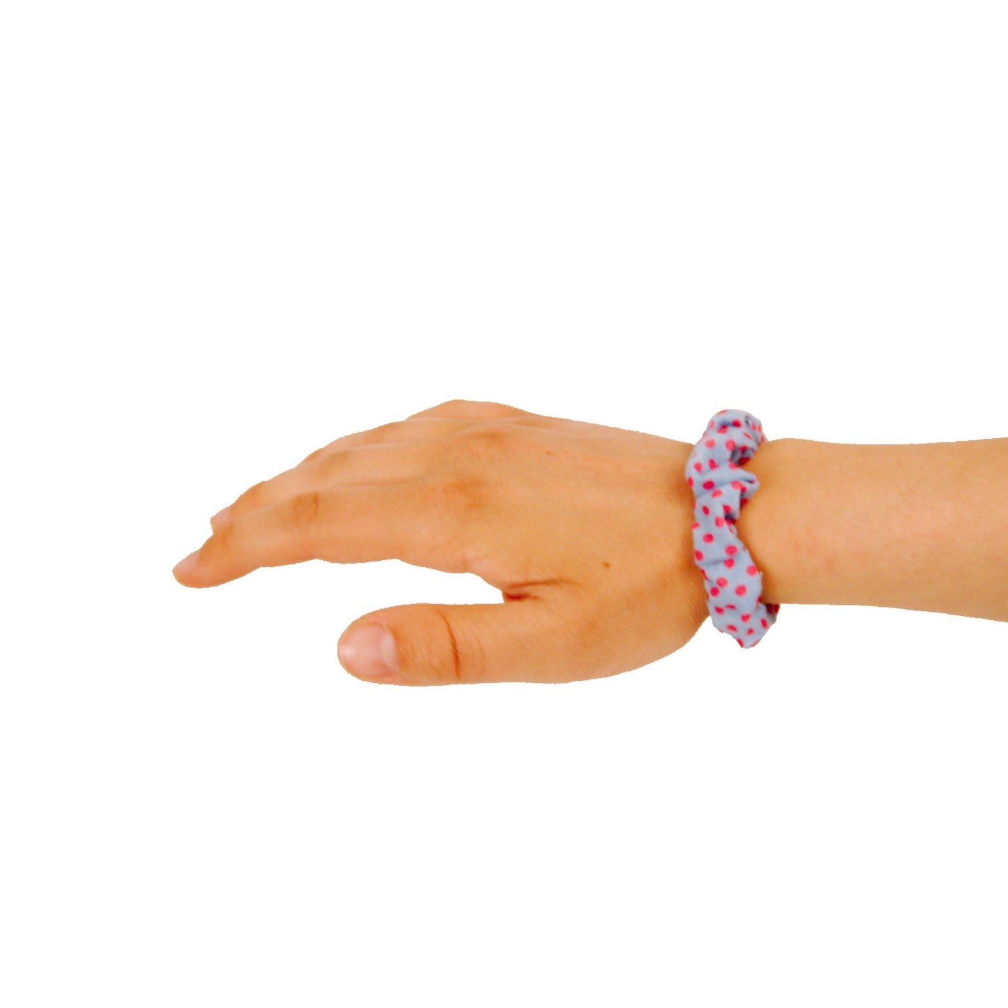 Amelia Beauty, Medium Pink Blue Dot Jersey Scrunchies, 2.5in Diameter, Gentle on Hair, Strong Hold, No Snag, No Dents or Creases. 10 Pack