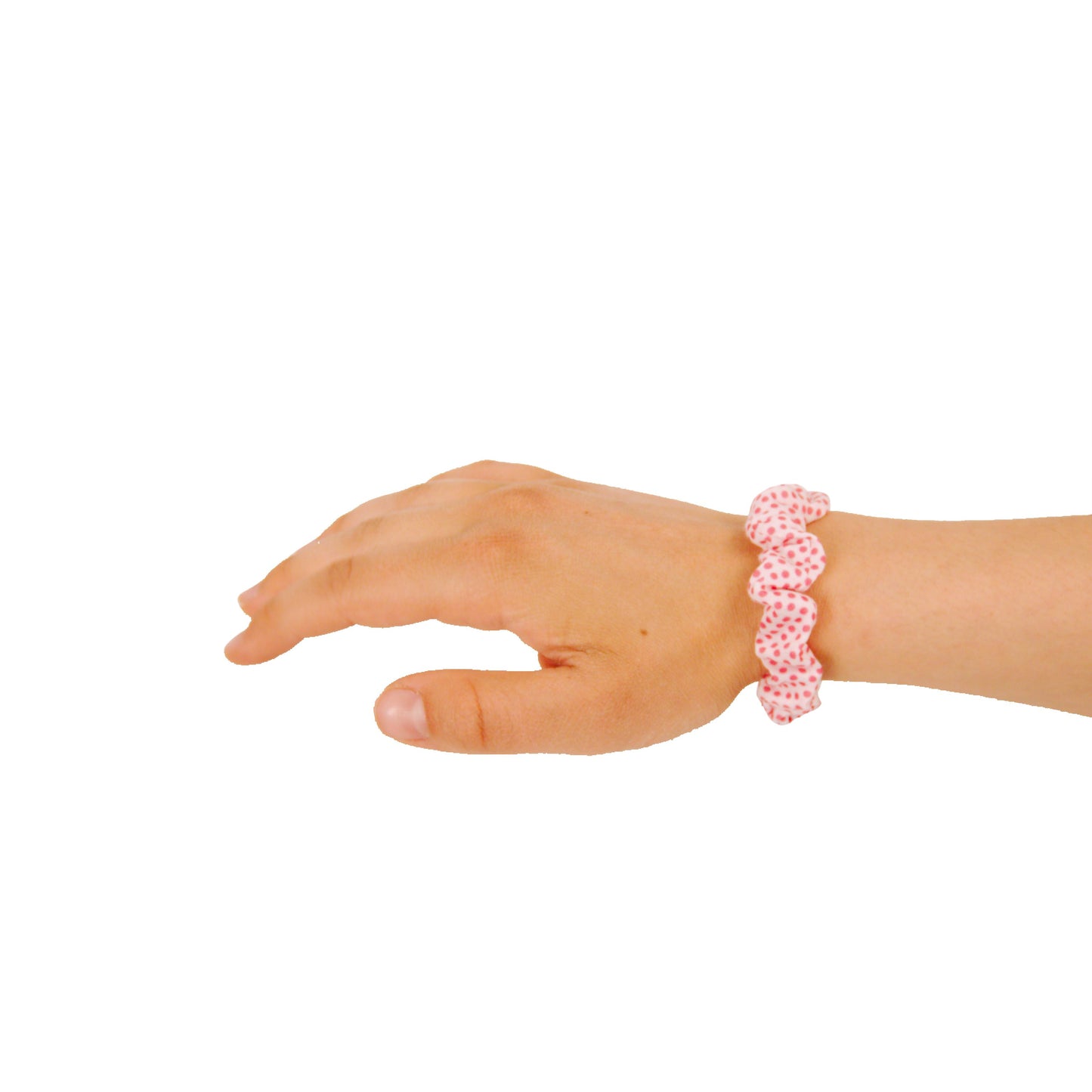 Amelia Beauty, Medium White with Pink Polka Dot Jersey Scrunchies, 2.5in Diameter, Gentle on Hair, Strong Hold, No Snag, No Dents or Creases. 10 Pack