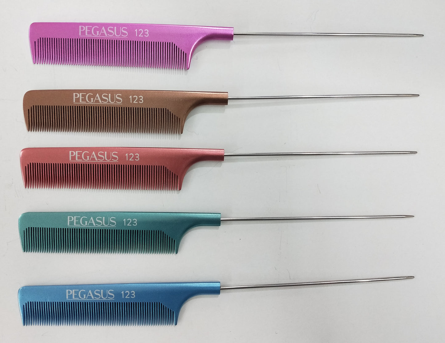 Pegasus MICOLOR 123, 9.75in Hard Rubber Fine Tooth Pintail Comb, Seamless, Anti Static, Heat and Chemically Resistant, Stainless Steel Pin, Great for Parting, Coloring Hair | Peines de goma dura - Gold