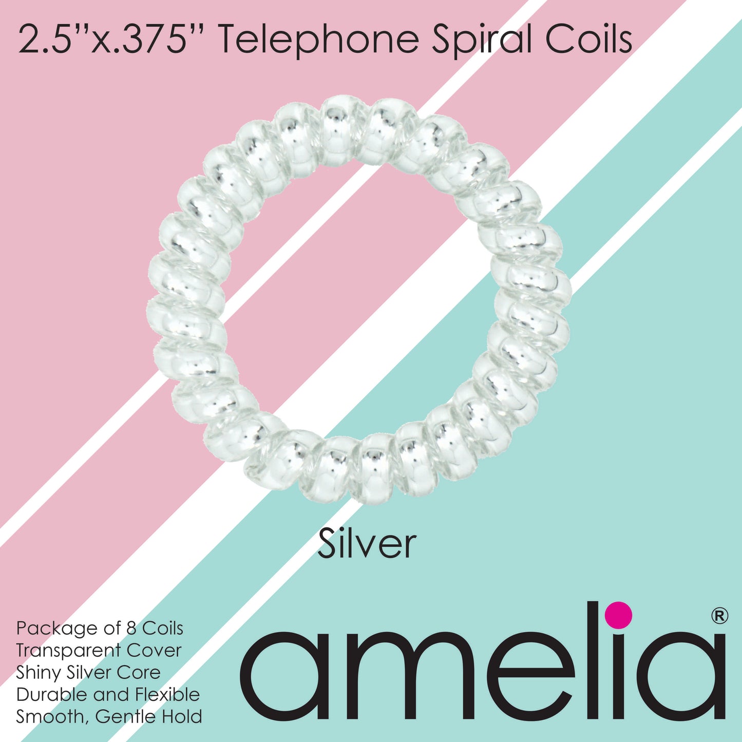 Amelia Beauty Products 8 Large Smooth Shiny Center Elastic Hair Coils, 2. 5in Diameter Thick Spiral Hair Ties, Gentle on Hair, Strong Hold and Minimizes Dents and Creases, Silver