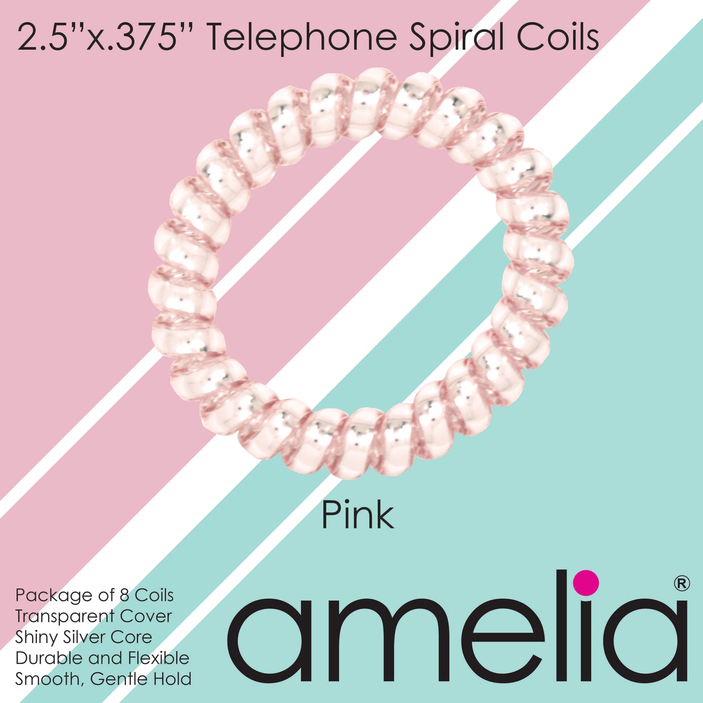 Amelia Beauty Products 8 Large Smooth Shiny Center Elastic Hair Coils, 2. 5in Diameter Thick Spiral Hair Ties, Gentle on Hair, Strong Hold and Minimizes Dents and Creases, Pink