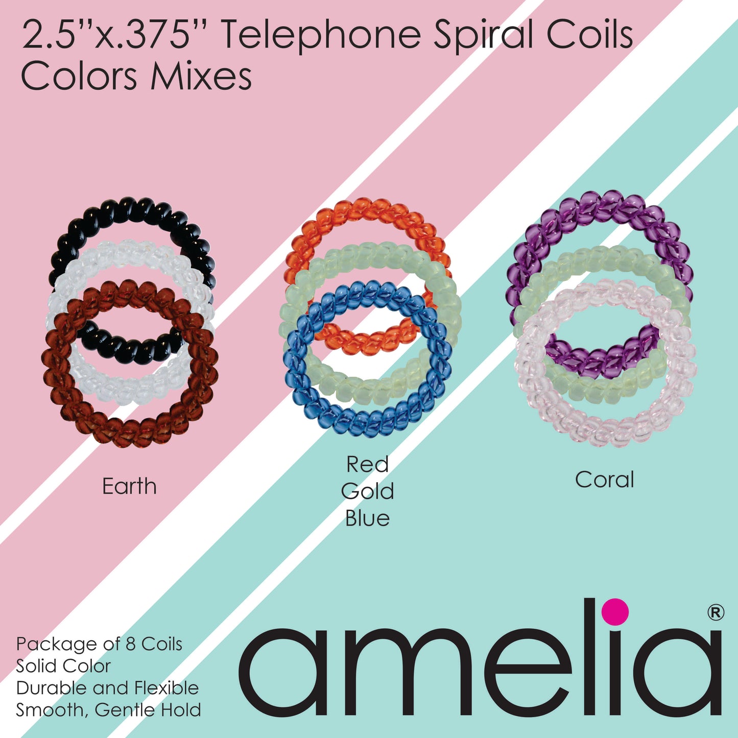 Amelia Beauty Products 8 Large Smooth Elastic Hair Coils, 2. 5in Diameter Thick Spiral Hair Ties, Gentle on Hair, Strong Hold and Minimizes Dents and Creases, Coral Tones