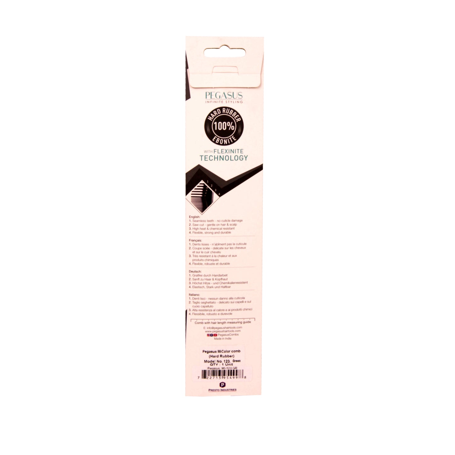 Pegasus MICOLOR 123, 9.75in Hard Rubber Fine Tooth Pintail Comb, Seamless, Anti Static, Heat and Chemically Resistant, Stainless Steel Pin, Great for Parting, Coloring Hair | Peines de goma dura - Blue