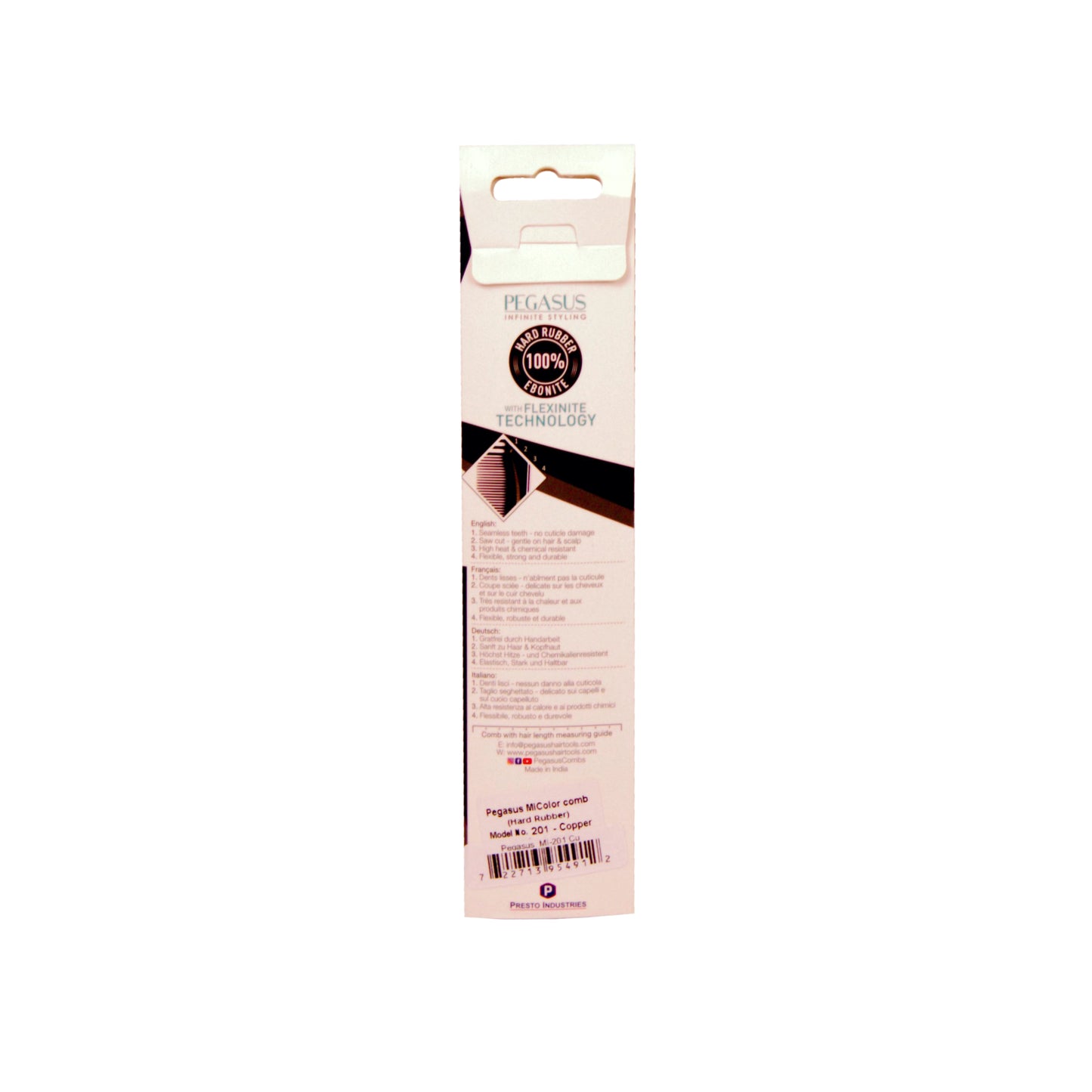 Pegasus MICOLOR 201, 7in Hard Rubber Hair Detangling/Trimmer Comb, Handmade, Seamless, Smooth Edges, Anti Static, Heat and Chemically Resistant, Wet Hair, Everyday Grooming Comb | Peines de goma dura - Copper