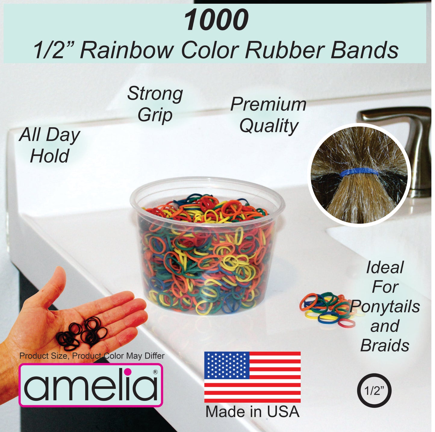 Amelia Beauty | 1/2in, Rainbow Mix, Elastic Rubber Band Pony Tail Holders | Made in USA, Ideal for Ponytails, Braids, Twists, Dreadlocks, Styling Accessories for Women, Men and Girls | 1000 Pack