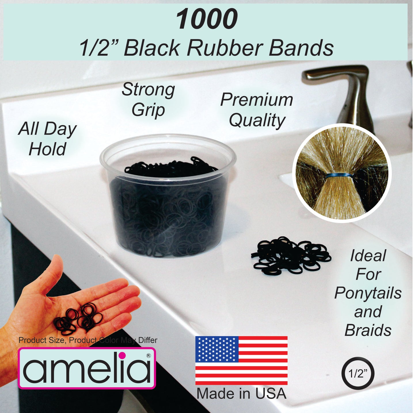 Amelia Beauty | 1/2in, Black, Elastic Rubber Band Pony Tail Holders | Made in USA, Ideal for Ponytails, Braids, Twists, Dreadlocks, Styling Accessories for Women, Men and Girls | 1000 Pack