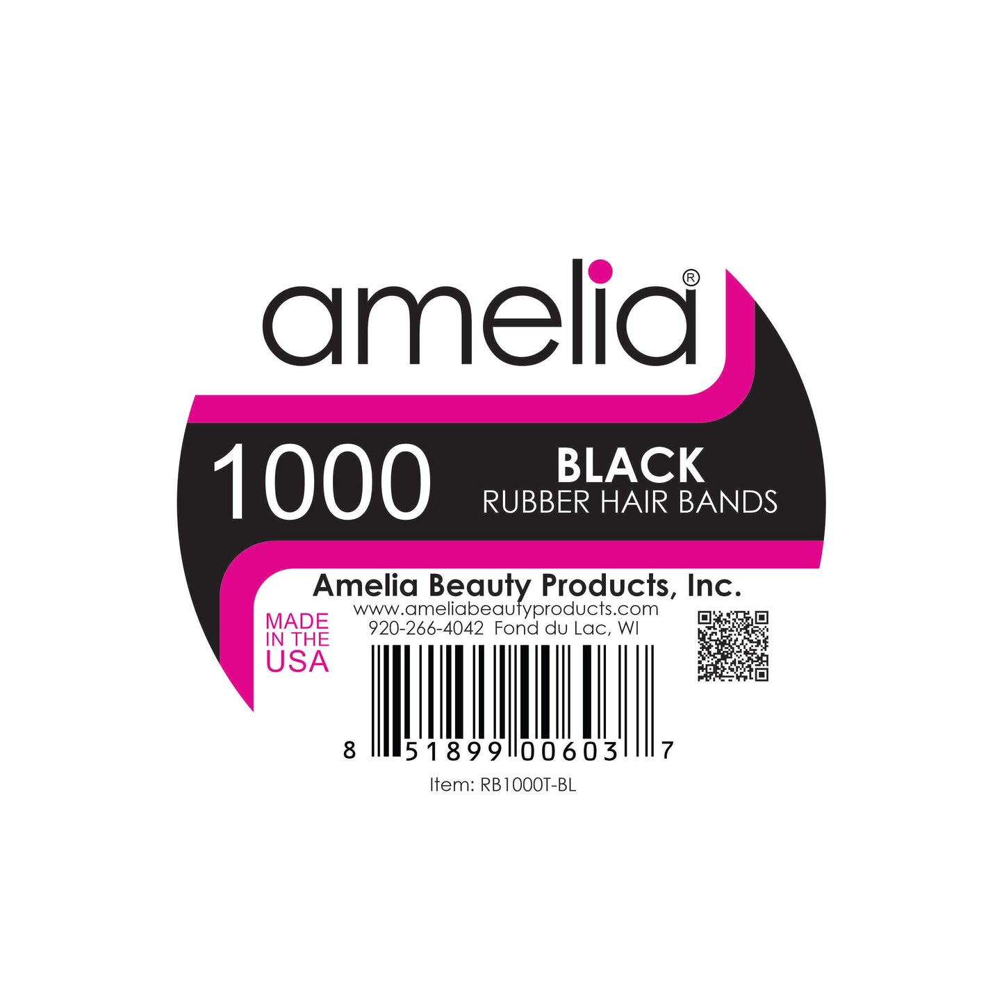 Amelia Beauty | 1/2in, Black, Elastic Rubber Band Pony Tail Holders | Made in USA, Ideal for Ponytails, Braids, Twists, Dreadlocks, Styling Accessories for Women, Men and Girls | 1000 Pack
