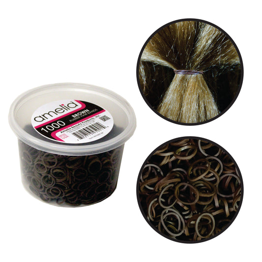 Amelia Beauty | 1/2in, Brown, Elastic Rubber Band Pony Tail Holders | Made in USA, Ideal for Ponytails, Braids, Twists, Dreadlocks, Styling Accessories for Women, Men and Girls | 1000 Pack
