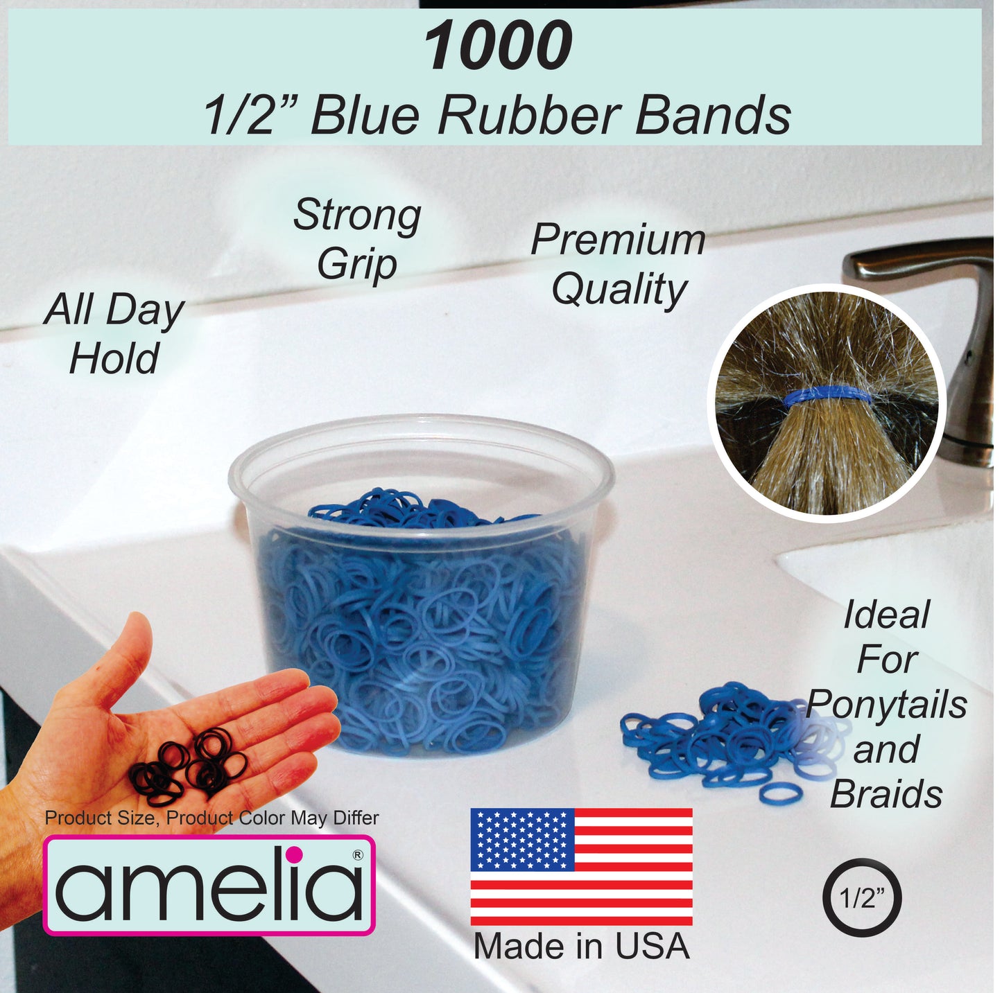 Amelia Beauty | 1/2in, Blue, Elastic Rubber Band Pony Tail Holders | Made in USA, Ideal for Ponytails, Braids, Twists, Dreadlocks, Styling Accessories for Women, Men and Girls | 1000 Pack