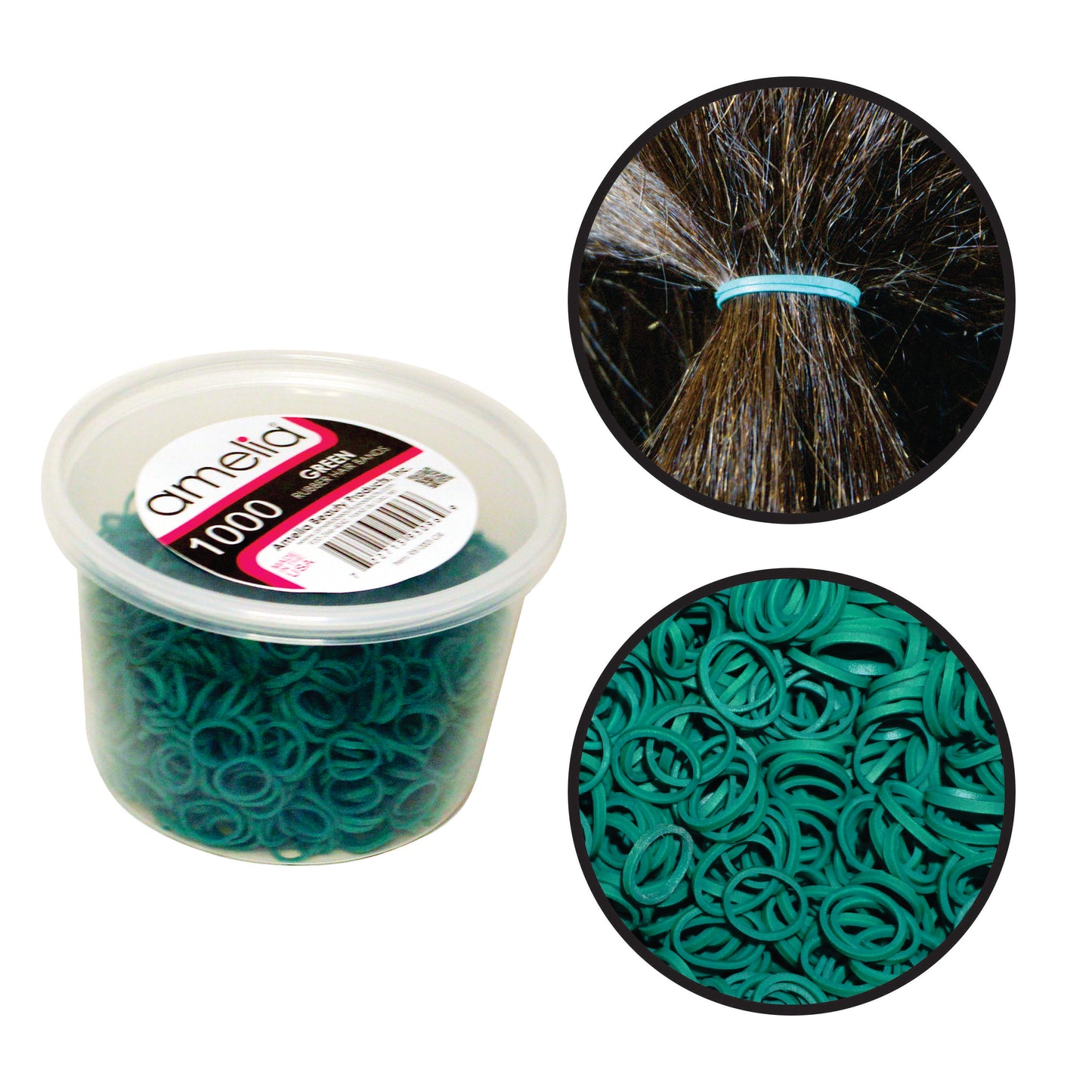 Amelia Beauty | 1/2in, Green, Elastic Rubber Band Pony Tail Holders | Made in USA, Ideal for Ponytails, Braids, Twists, Dreadlocks, Styling Accessories for Women, Men and Girls | 1000 Pack