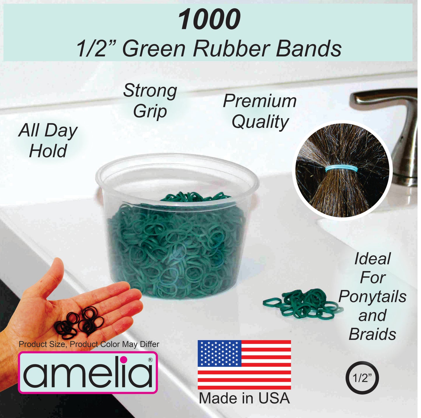 Amelia Beauty | 1/2in, Green, Elastic Rubber Band Pony Tail Holders | Made in USA, Ideal for Ponytails, Braids, Twists, Dreadlocks, Styling Accessories for Women, Men and Girls | 1000 Pack