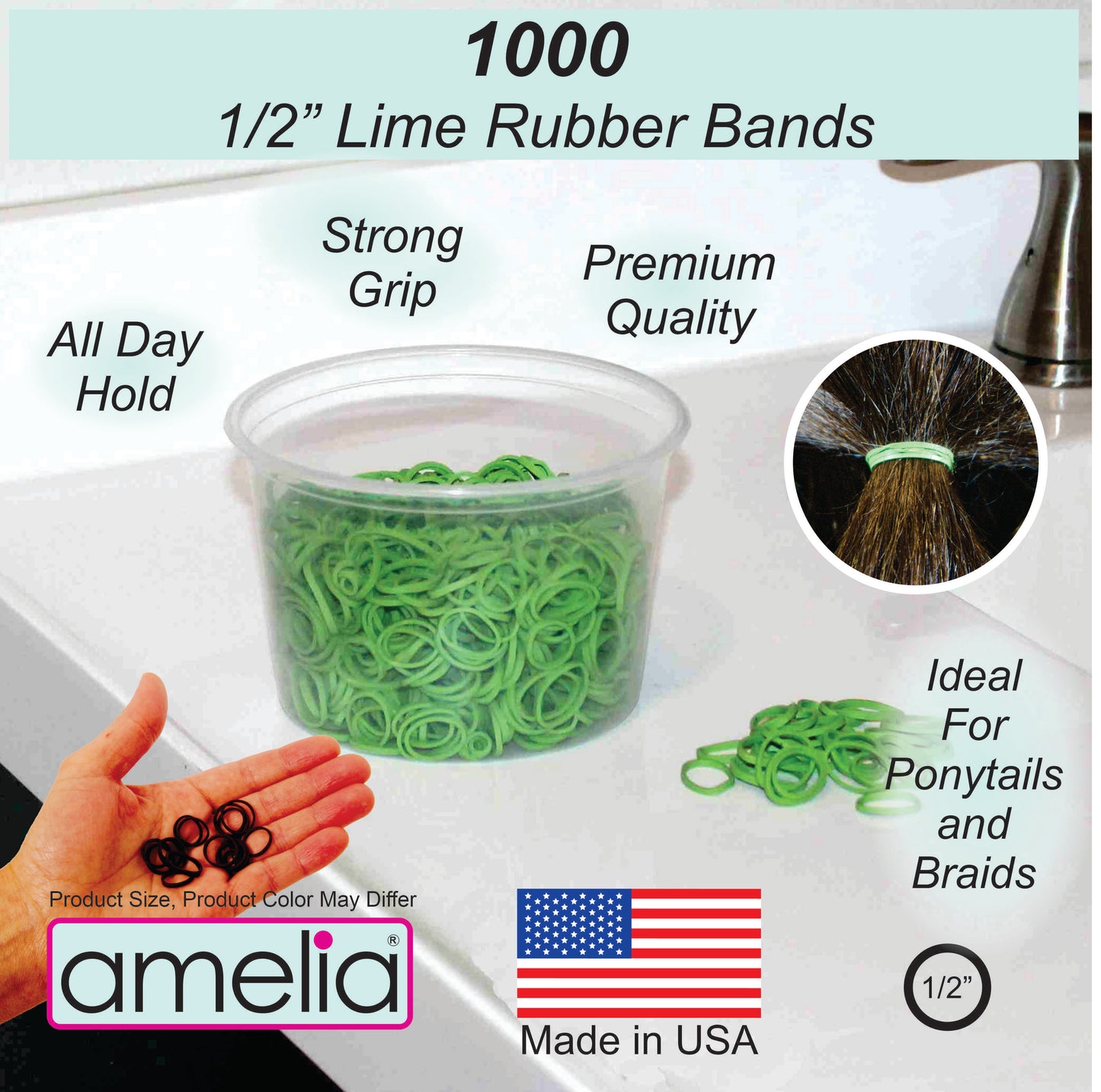 Amelia Beauty | 1/2in, Lime, Elastic Rubber Band Pony Tail Holders | Made in USA, Ideal for Ponytails, Braids, Twists, Dreadlocks, Styling Accessories for Women, Men and Girls | 1000 Pack