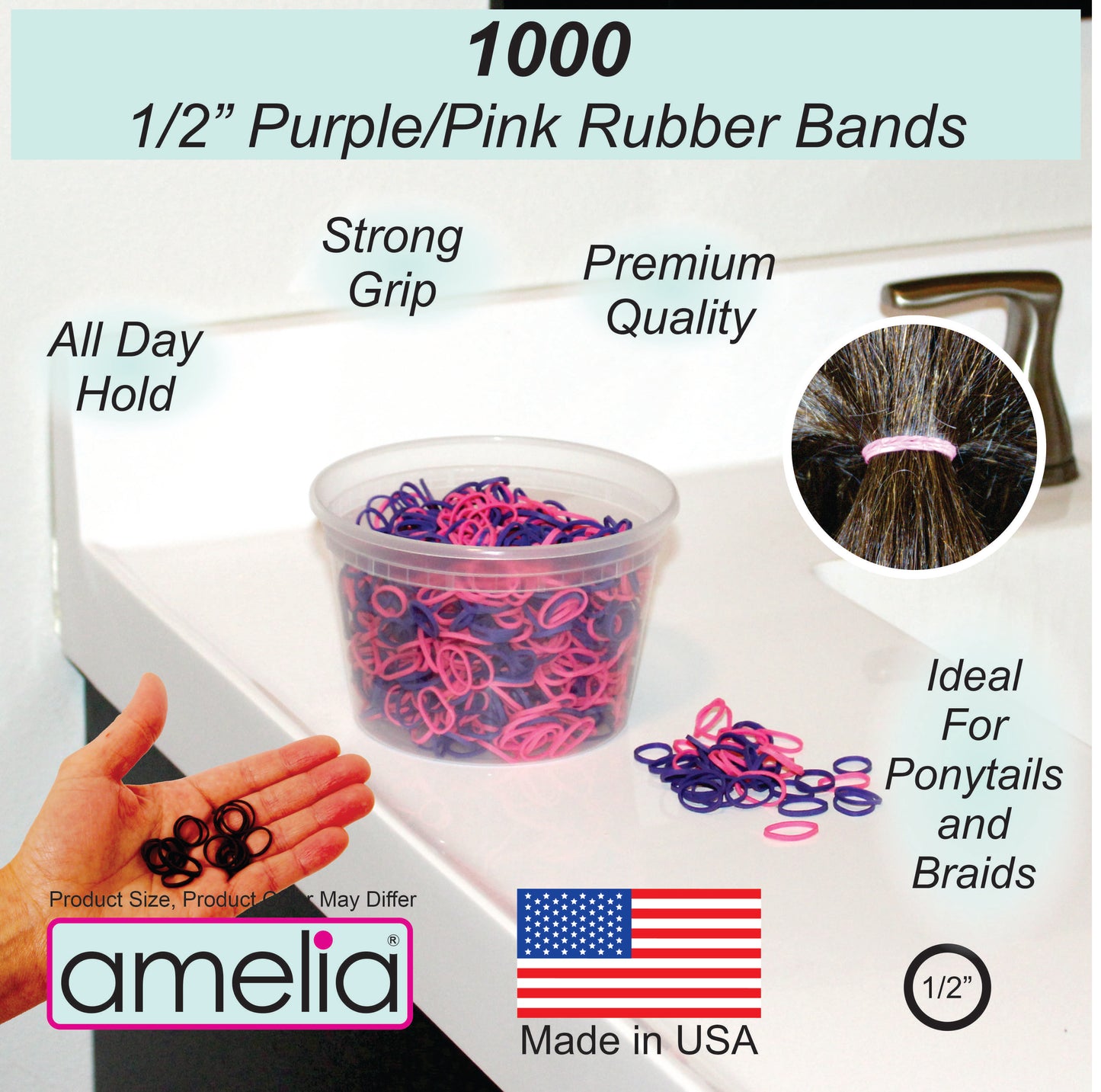 Amelia Beauty | 1/2in, Purple and Fuchsia Mix, Elastic Rubber Band Pony Tail Holders | Made in USA, Ideal for Ponytails, Braids, Twists, Dreadlocks, Styling Accessories for Women, Men and Girls | 1000 Pack