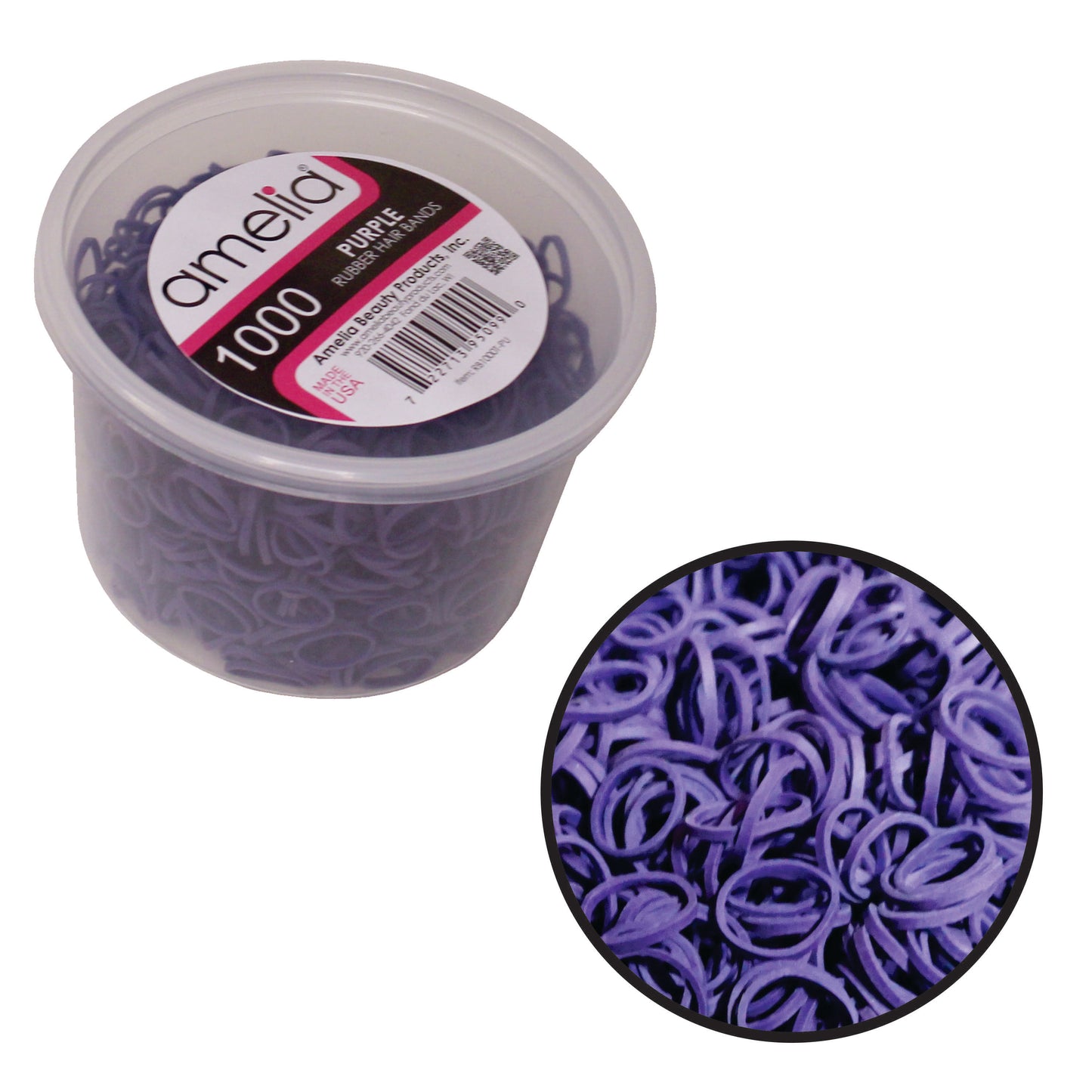 Amelia Beauty | 1/2in, Purple, Elastic Rubber Band Pony Tail Holders | Made in USA, Ideal for Ponytails, Braids, Twists, Dreadlocks, Styling Accessories for Women, Men and Girls | 1000 Pack