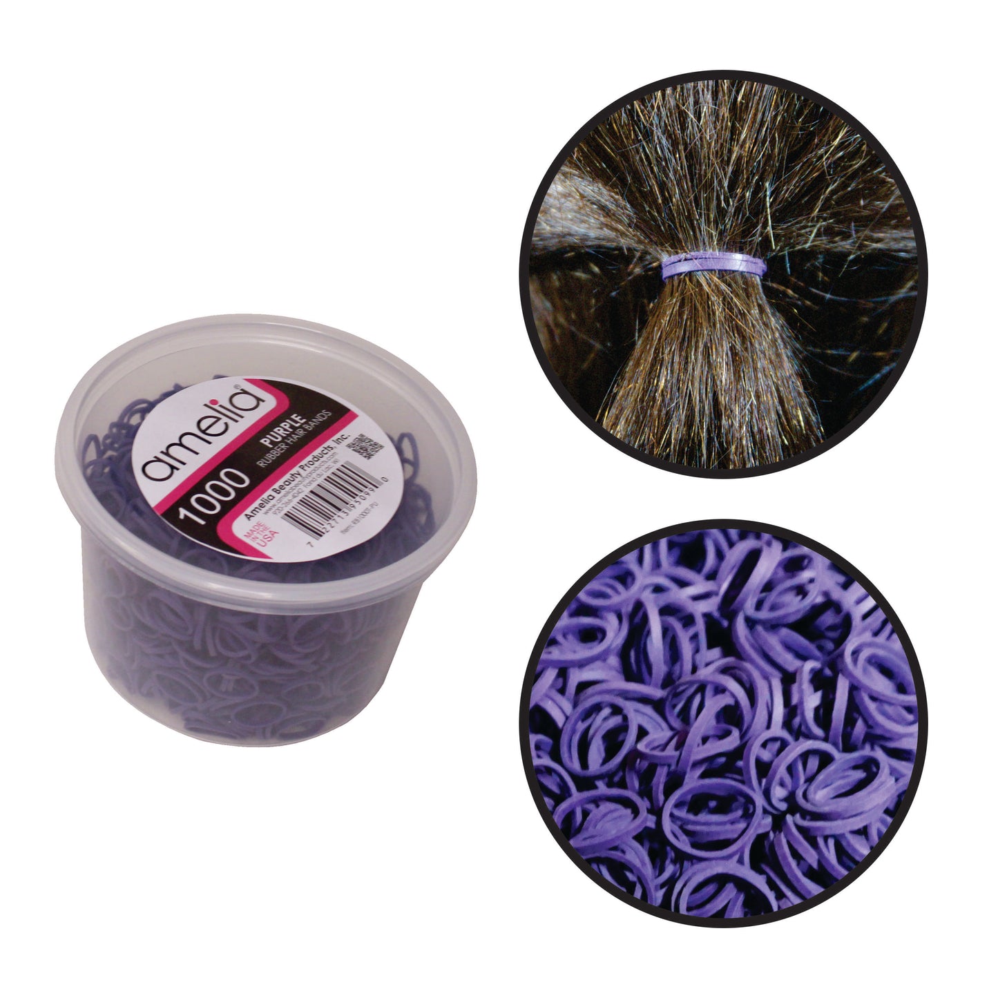 Amelia Beauty | 1/2in, Purple, Elastic Rubber Band Pony Tail Holders | Made in USA, Ideal for Ponytails, Braids, Twists, Dreadlocks, Styling Accessories for Women, Men and Girls | 1000 Pack
