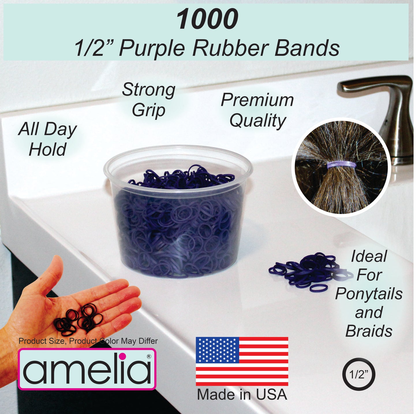 Amelia Beauty | 1/2in, Purple, Elastic Rubber Band Pony Tail Holders | Made in USA, Ideal for Ponytails, Braids, Twists, Dreadlocks, Styling Accessories for Women, Men and Girls | 1000 Pack
