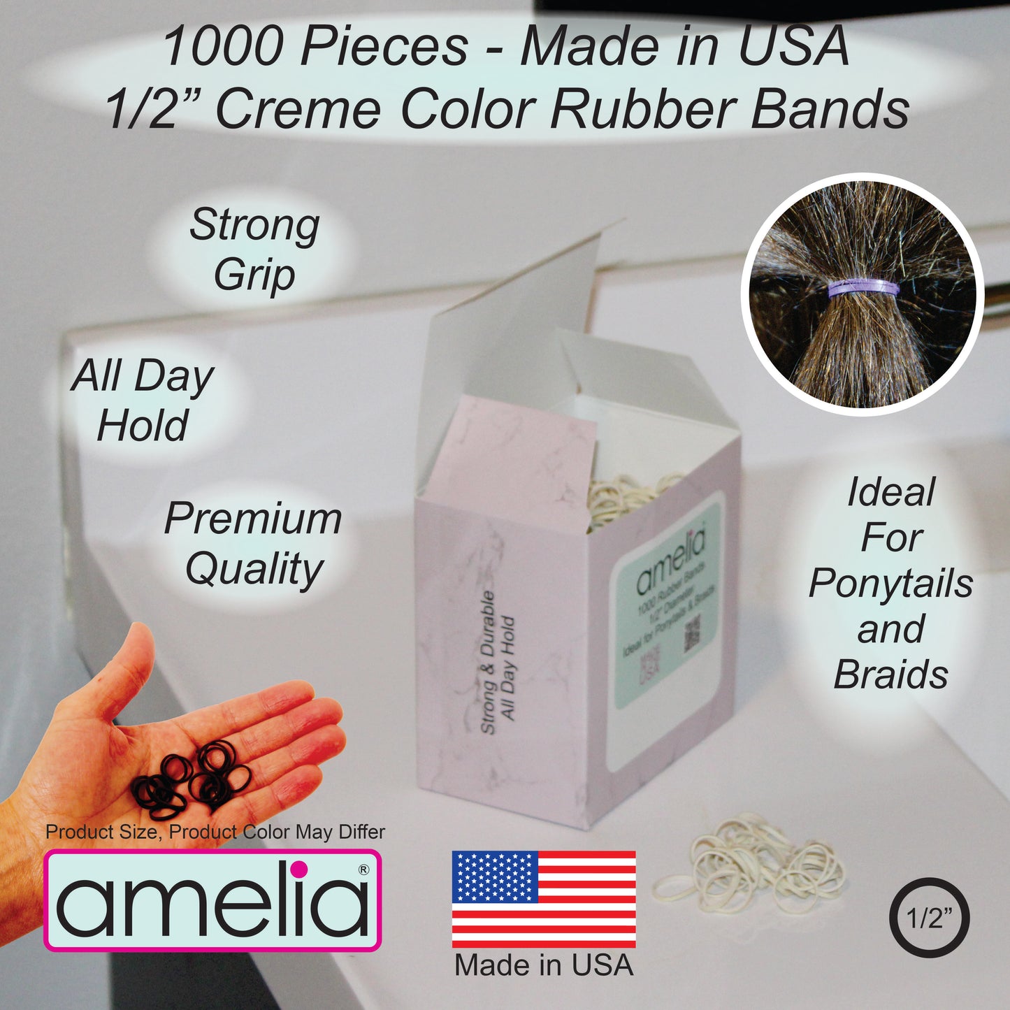 Amelia Beauty | 1/2in, Creme, Elastic Rubber Band Pony Tail Holders | Made in USA, Ideal for Ponytails, Braids, Twists, Dreadlocks, Styling Accessories for Women, Men and Girls | 1000 Pack