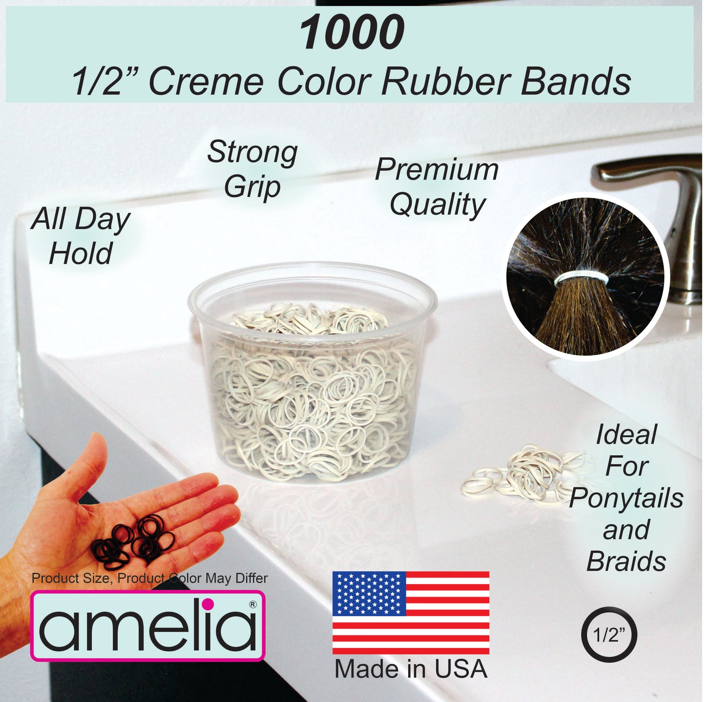 Amelia Beauty | 1/2in, Creme, Elastic Rubber Band Pony Tail Holders | Made in USA, Ideal for Ponytails, Braids, Twists, Dreadlocks, Styling Accessories for Women, Men and Girls | 1000 Pack