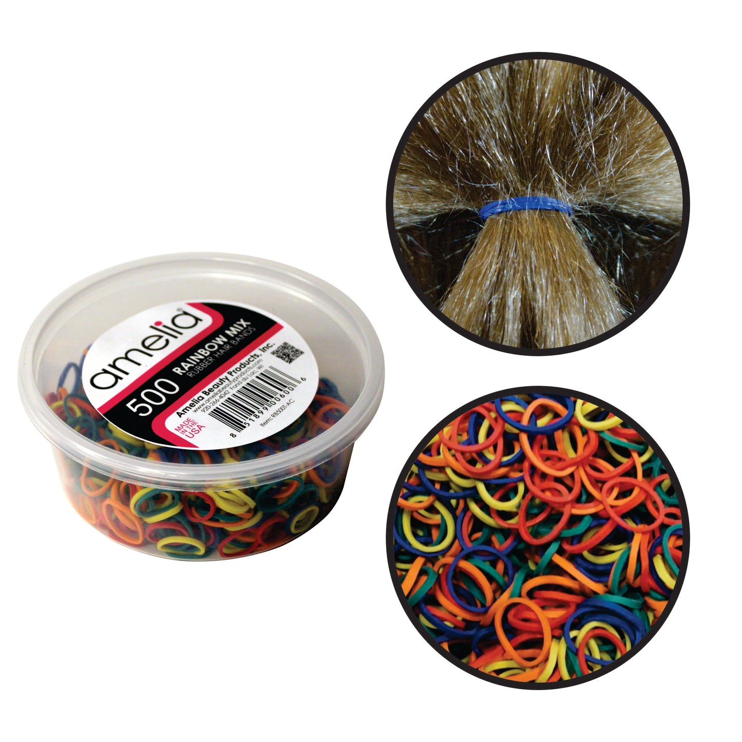 Amelia Beauty | 1/2in, Rainbow Mix, Elastic Rubber Band Pony Tail Holders | Made in USA, Ideal for Ponytails, Braids, Twists, Dreadlocks, Styling Accessories for Women, Men and Girls | 500 Pack