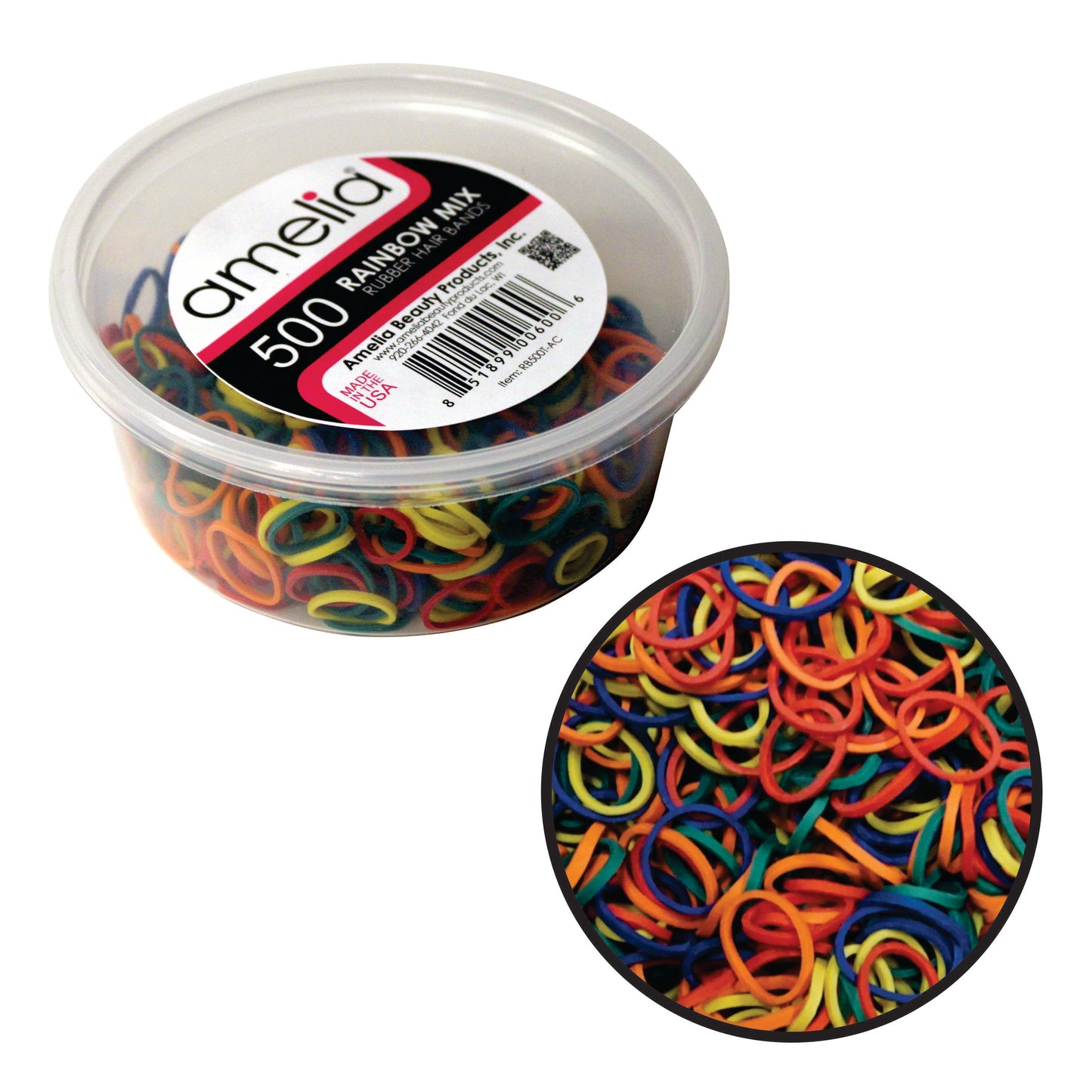 Amelia Beauty | 1/2in, Rainbow Mix, Elastic Rubber Band Pony Tail Holders | Made in USA, Ideal for Ponytails, Braids, Twists, Dreadlocks, Styling Accessories for Women, Men and Girls | 500 Pack