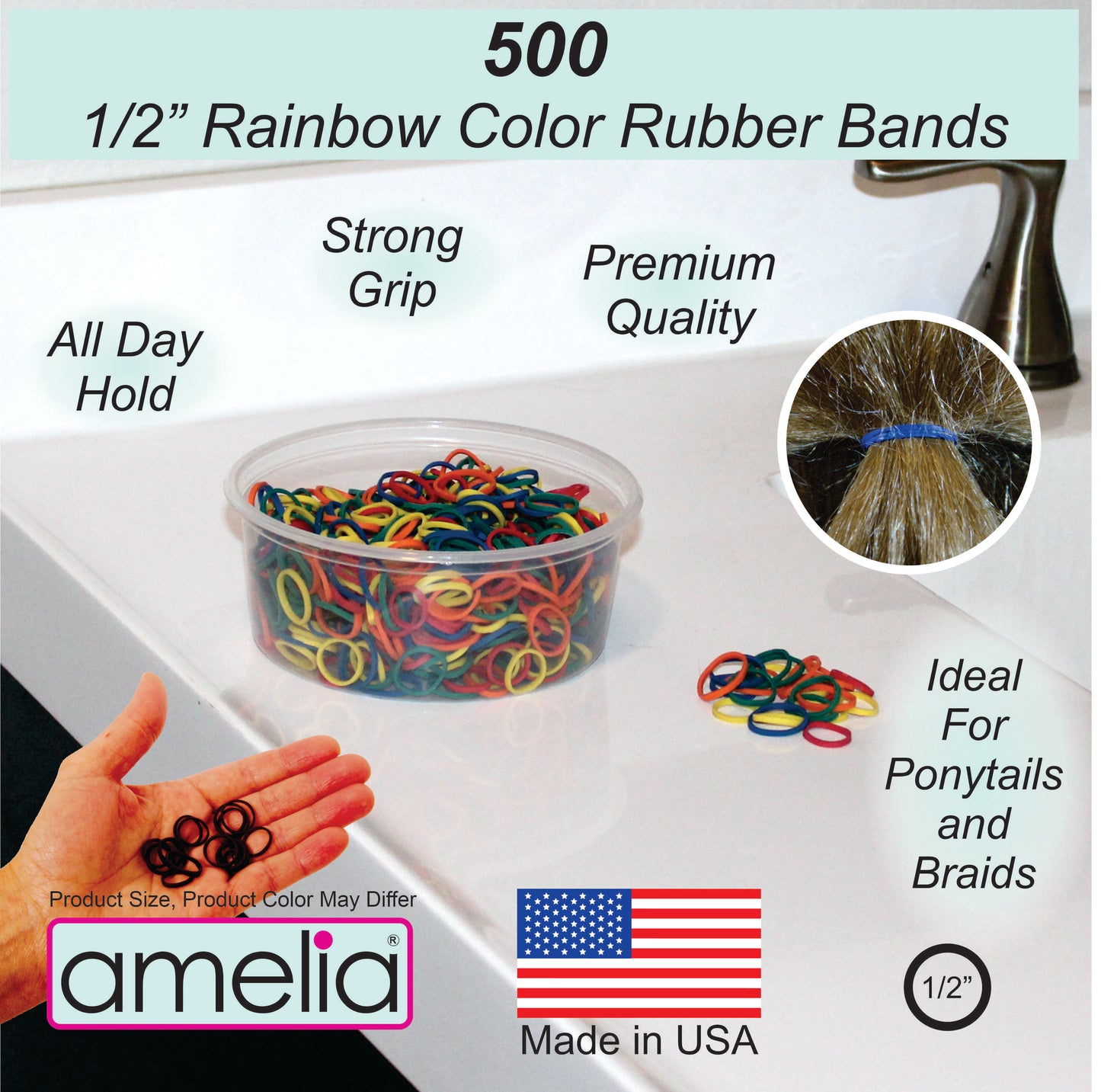 Amelia Beauty | 1/2in, Rainbow Mix, Elastic Rubber Band Pony Tail Holders | Made in USA, Ideal for Ponytails, Braids, Twists, Dreadlocks, Styling Accessories for Women, Men and Girls | 500 Pack