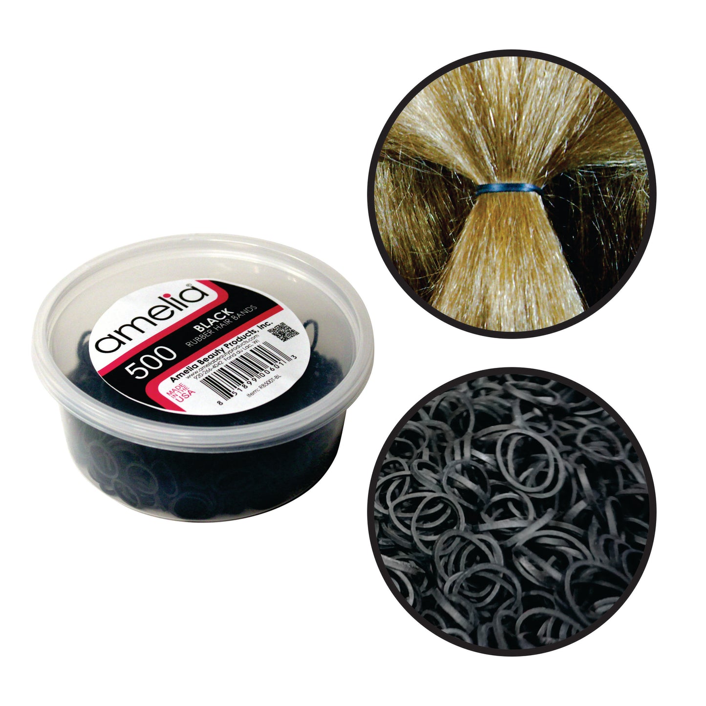 Amelia Beauty | 1/2in, Black, Elastic Rubber Band Pony Tail Holders | Made in USA, Ideal for Ponytails, Braids, Twists, Dreadlocks, Styling Accessories for Women, Men and Girls | 500 Pack