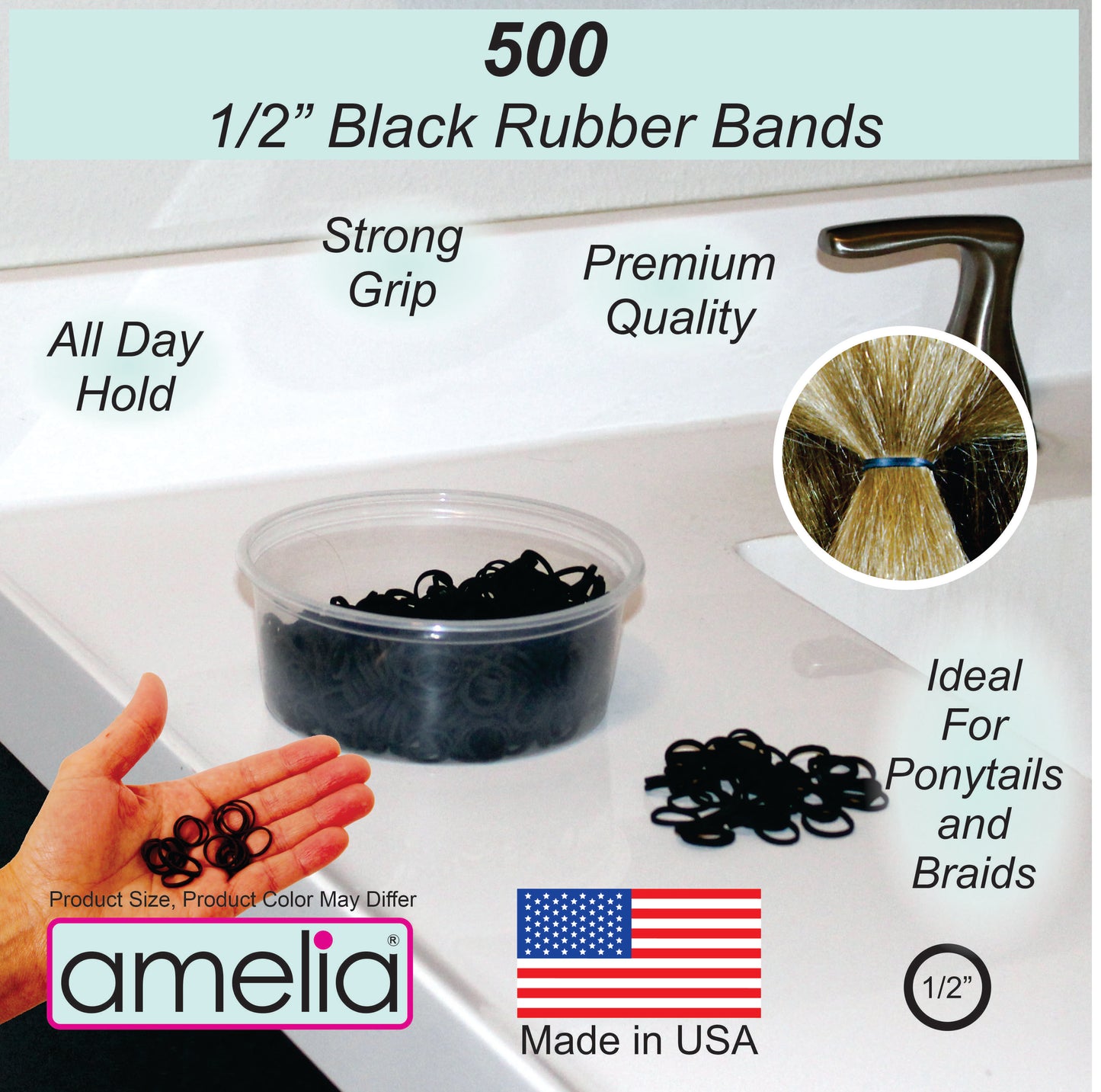 Amelia Beauty | 1/2in, Black, Elastic Rubber Band Pony Tail Holders | Made in USA, Ideal for Ponytails, Braids, Twists, Dreadlocks, Styling Accessories for Women, Men and Girls | 500 Pack