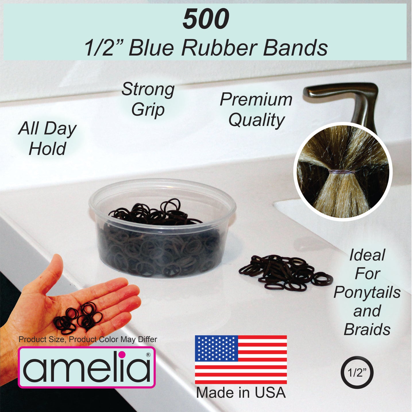 Amelia Beauty | 1/2in, Brown, Elastic Rubber Band Pony Tail Holders | Made in USA, Ideal for Ponytails, Braids, Twists, Dreadlocks, Styling Accessories for Women, Men and Girls | 500 Pack
