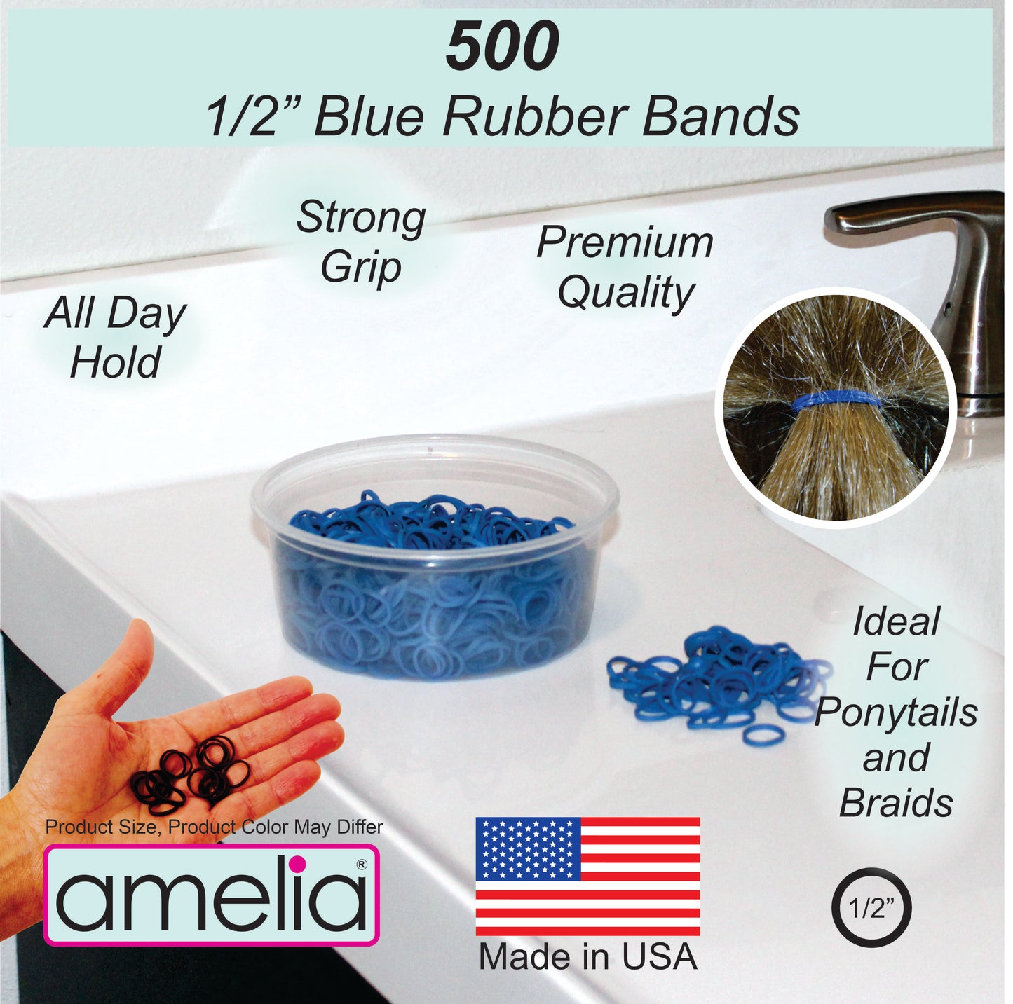 Amelia Beauty | 1/2in, Blue, Elastic Rubber Band Pony Tail Holders | Made in USA, Ideal for Ponytails, Braids, Twists, Dreadlocks, Styling Accessories for Women, Men and Girls | 500 Pack