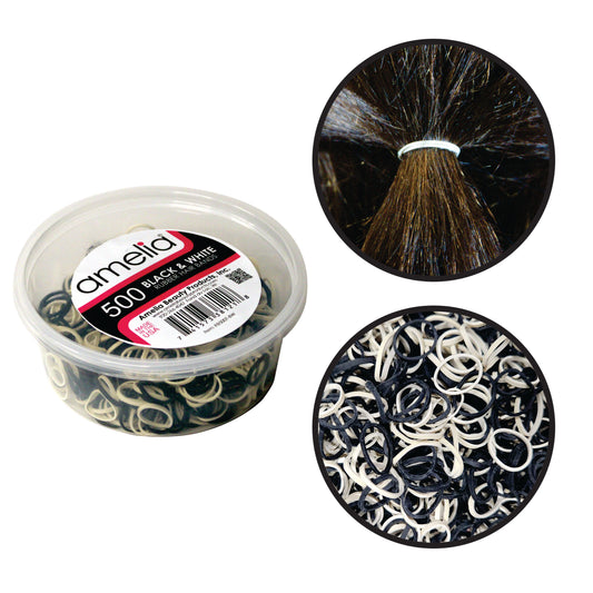 Amelia Beauty | 1/2in, Black and Creme Mix, Elastic Rubber Band Pony Tail Holders | Made in USA, Ideal for Ponytails, Braids, Twists, Dreadlocks, Styling Accessories for Women, Men and Girls | 500 Pack